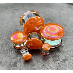 PAIR of Unique Creamsicle Orange Pearl Design Pyrex Glass Double Flare Plugs