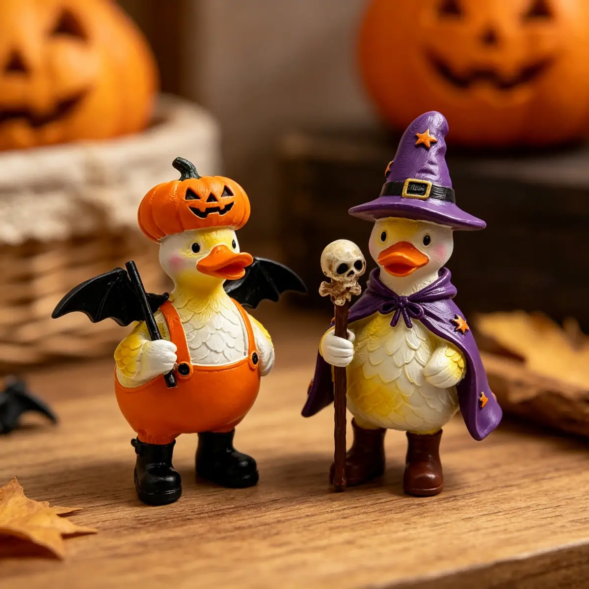 2Pcs Halloween Resin Duck Figurine Set, Pumpkin Bat Duck & Wizard Witch Duck Polyresin Tabletop Decor Gift