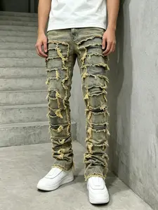 SRETOUU Stylish Vintage Men Hiphop Stacked Spliced Distressed Slim Biker Jeans Pants High Quality Male Streetwear Straight Flare Denim Trousers Menswear