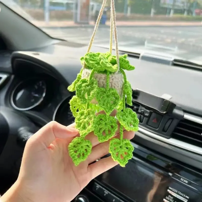 Crochet Plant Car Hanging Ornament, Cute Car Rearview Mirror Hanging Accessories, Car Interior Decoration Accessories for Women & Men, Car Trinkets, Car Hanger Ornament, Car Ornaments