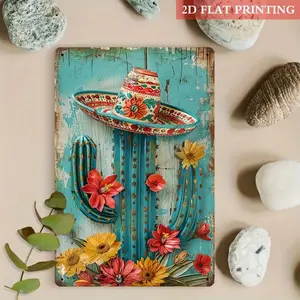 1pc 2D Flat Vintage Cactus Metal Sign with Sombrero - Rustic Teal Blue Wall Art, 8x12 Inches, Colorful Floral Design, Indoor/Outdoor Decor for Home, Office, Cafe, or Garage, Vintage Home Decor