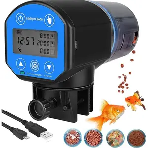 USB Rechargeable Automatic Fish Feeder with Timer, 200ML Large Capacity Moisture-Proof Food Dispenser for Aquarium, Digital Feeding Time Display with Temperature Measure Function, Blue black water  tanks aquarium air shrimp  tanks