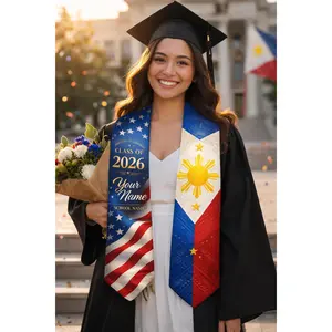 Filipino American Graduation Stole Class of 2026 Personalized, Philippines USA Flag Sash Custom Name School Graduation Stole