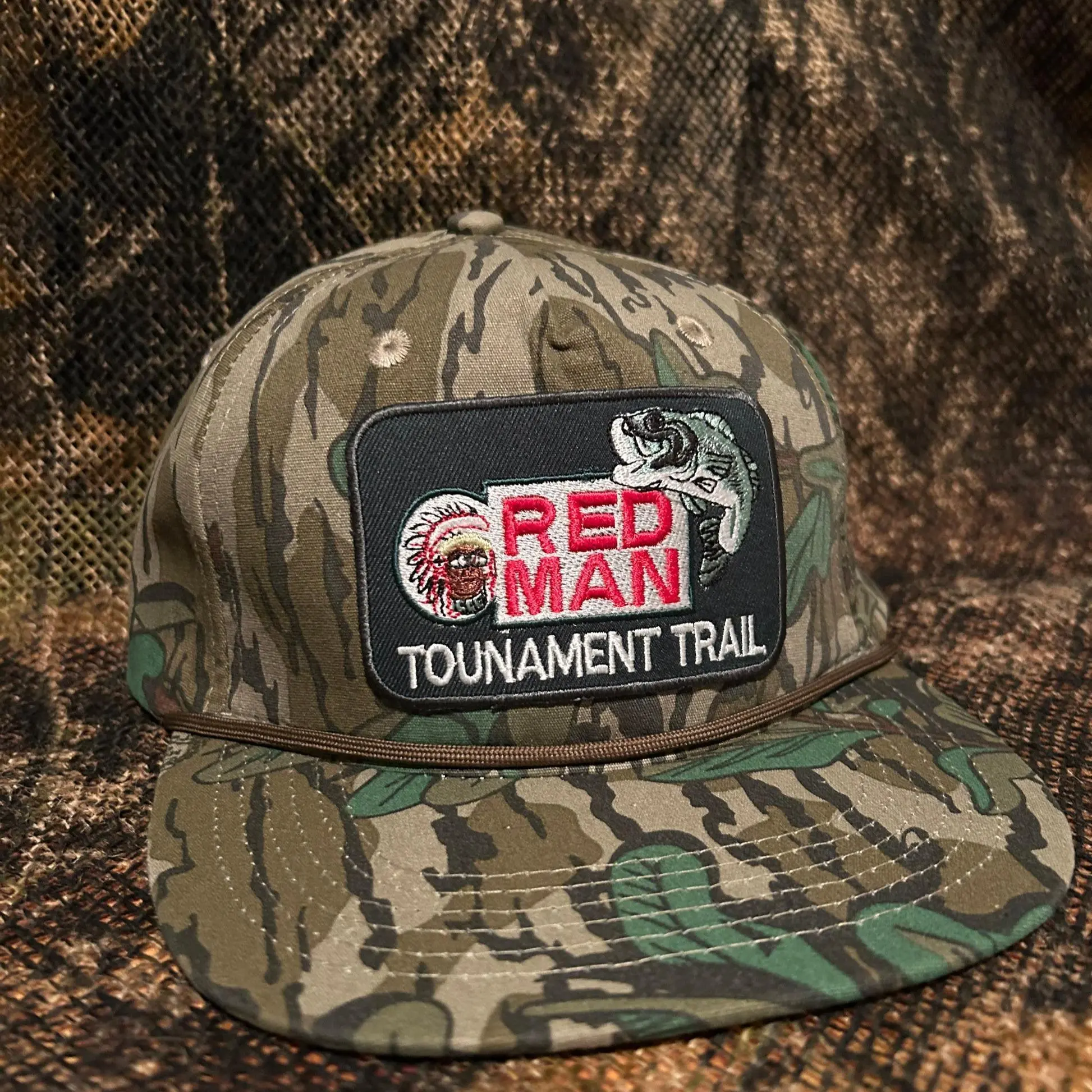 Red Man Tournament Trail Retro Camo Snapback Hat, Rope Hat Style Brim