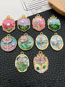 10pcs Mixed French Retro Enamel Flower Oil Painting Charm Round Rose Alloy Delicate Pendant for Bracelet Necklace Earring Keychain Jewelry Making Craft Accessories