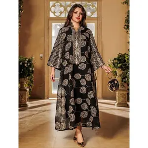 Women's Embroidery Sequin Islamic Dress, Elegant Long Sleeve Arabic Clothing for Party Holiday Wedding Guest, Ladies Spring & Fall Clothes
