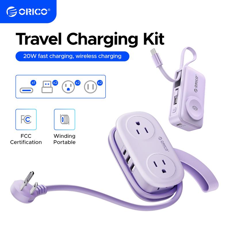 ORICO Travel Charging Kit Accessories - Portable Power Strip & Capsule Power Bank with 4AC, 2USB, 1Type-C Ports, 20W Fast Charging, Wireless Charging, 4-Device Simultaneous Charging, Compact Portable Safe for Travel & Office Use - AP3-4A+S18
