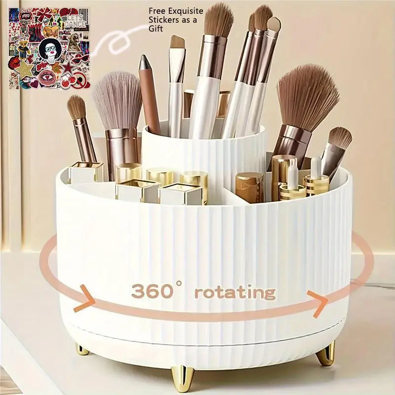 360° Rotating Makeup Organizer with 5 Compartments, Multi-Functional Storage for Brushes, Lipsticks, Skincare & Stationery, Durable Odorless Plastic Design, Makeup Tool Organizer