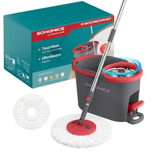【Deals For You】SONGMICS Spin Mop and Bucket Set with Pedal Wringer, Floor Cleaning Mop, Adjustable Telescopic Handle, Max. 59.1-Inch Length, 360° Rotating Head