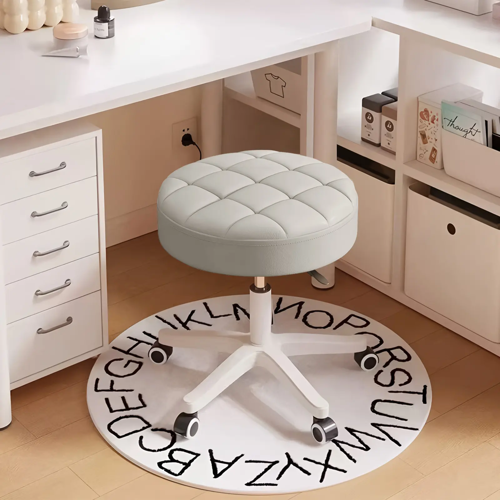 【Summer sale】 PU Leather Round Rolling Stool with Wheels - Adjustable Height Seat, Spinning Swivel Chair for Home Office, SPA Salon Use