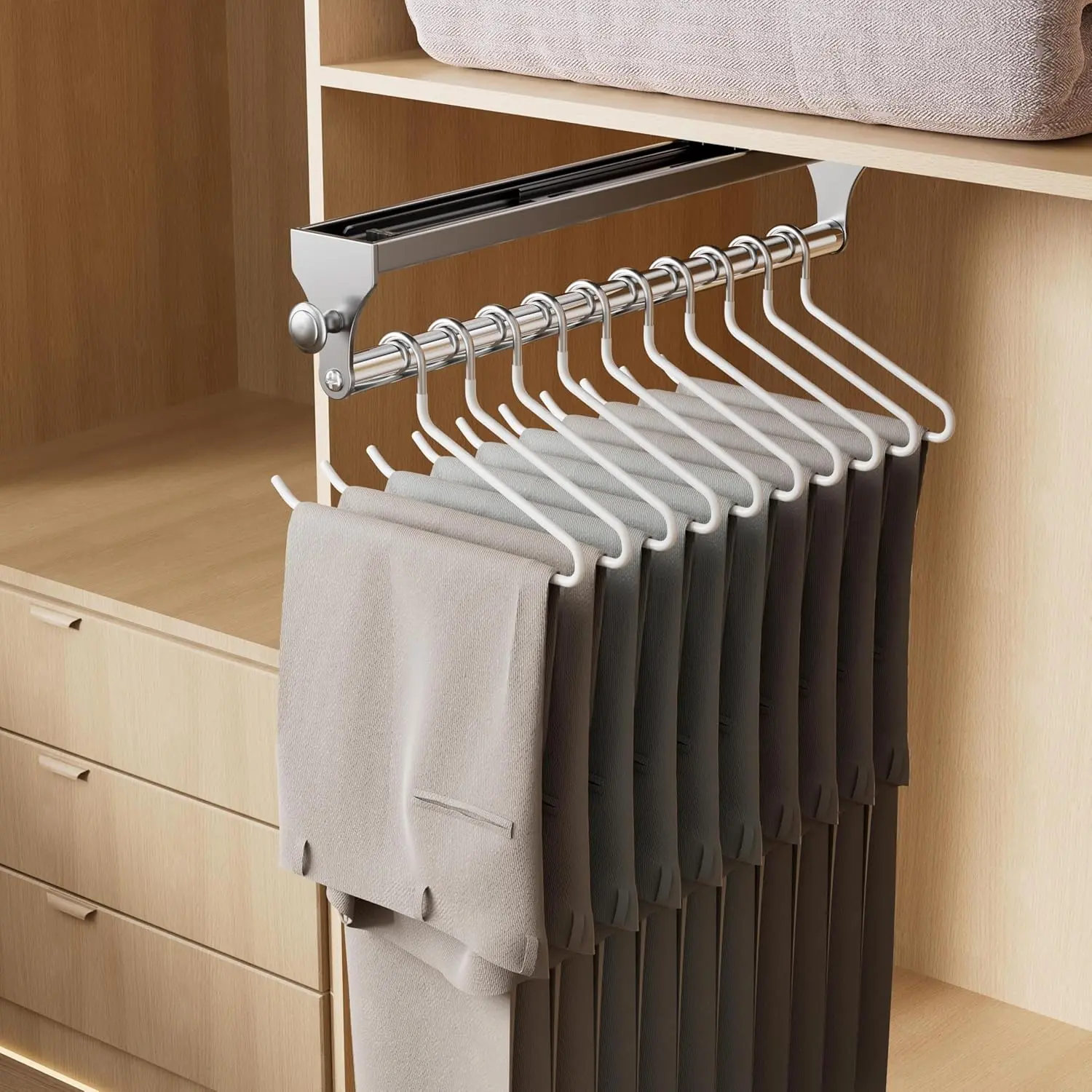 Stainless Steel Pull Out Closet Rod - 13.7in Heavy-Duty Hanging Pants Rack, Adjustable Clothes Hanger Rail, Space Aluminum Valet Rod, Top-Mounted Wardrobe Organizer for Trousers, Coats
