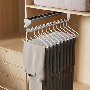 Stainless Steel Pull Out Closet Rod - 13.7in Heavy-Duty Hanging Pants Rack, Adjustable Clothes Hanger Rail, Space Aluminum Valet Rod, Top-Mounted Wardrobe Organizer for Trousers, Coats