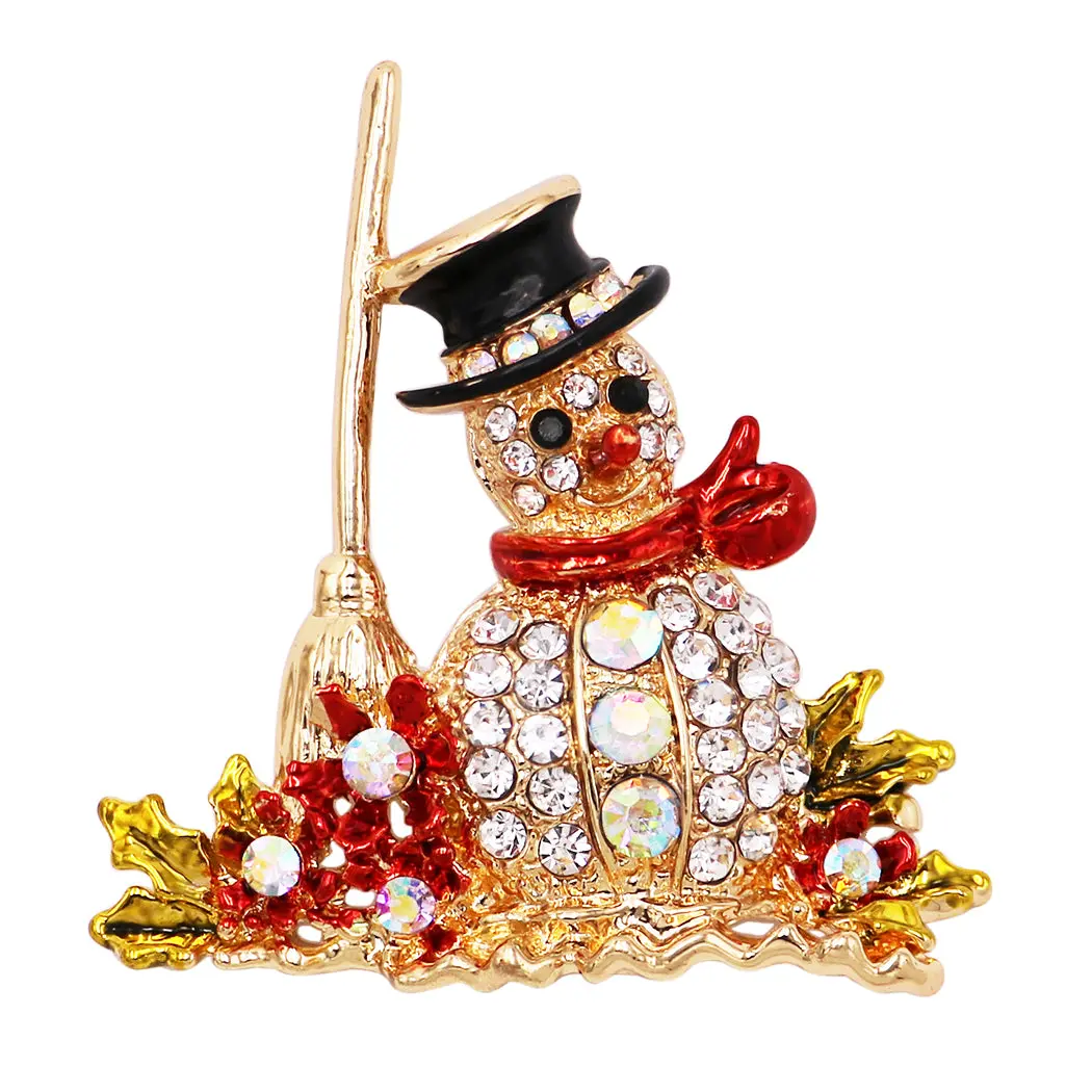 Snowman Brooch Pin with Glittering Crystals, Gold-Tone Holiday Jewelry for Women, Enamel Hat & Carrot Nose Detail, Eco Friendly Gift Box, Enamel Details, Polished, 2 Inches Long