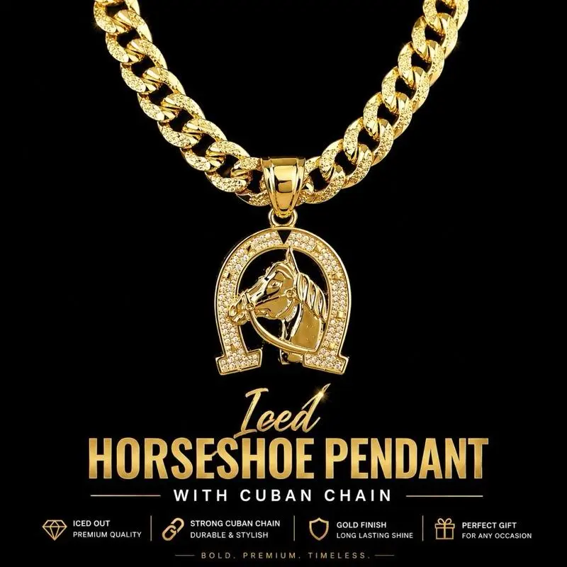 14K Gold Plated Horseshoe Upgraded Cuban Chain Necklace 20" 24" 6mm 8mm Hip-Hop Pendant Luxury Accessory For All Occasions