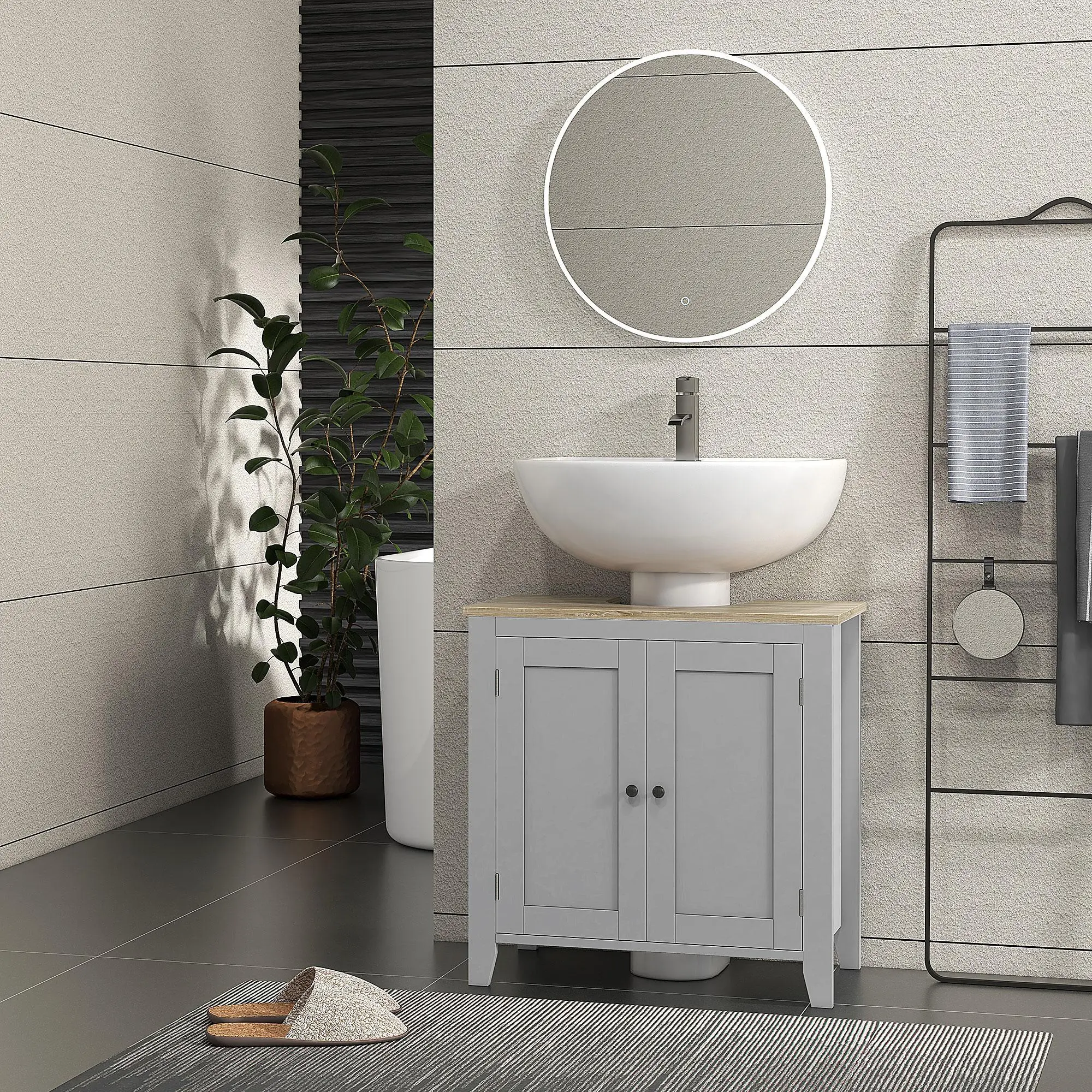 Gray Pedestal Sink Cabinet with U-Shaped Cut-out and Adjustable Shelf Space-Saving Bathroom Vanity 23.5" W x 11.75" D x 23.5" H