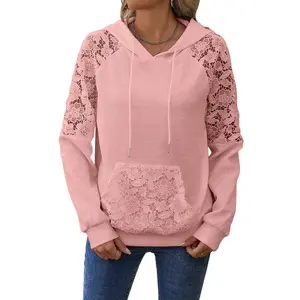 Women's Pink Lace Patchwork Waffle Hoodie – Casual Daily Wear