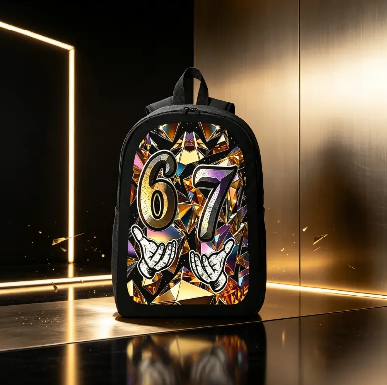 Unisex Gold-Plated Rhinestone-Studded Numbered "67" Design Casual Backpack, Fits Laptop, Ideal for Trend-Conscious Teens, Great for Back-to-School Gifts & Daily Use