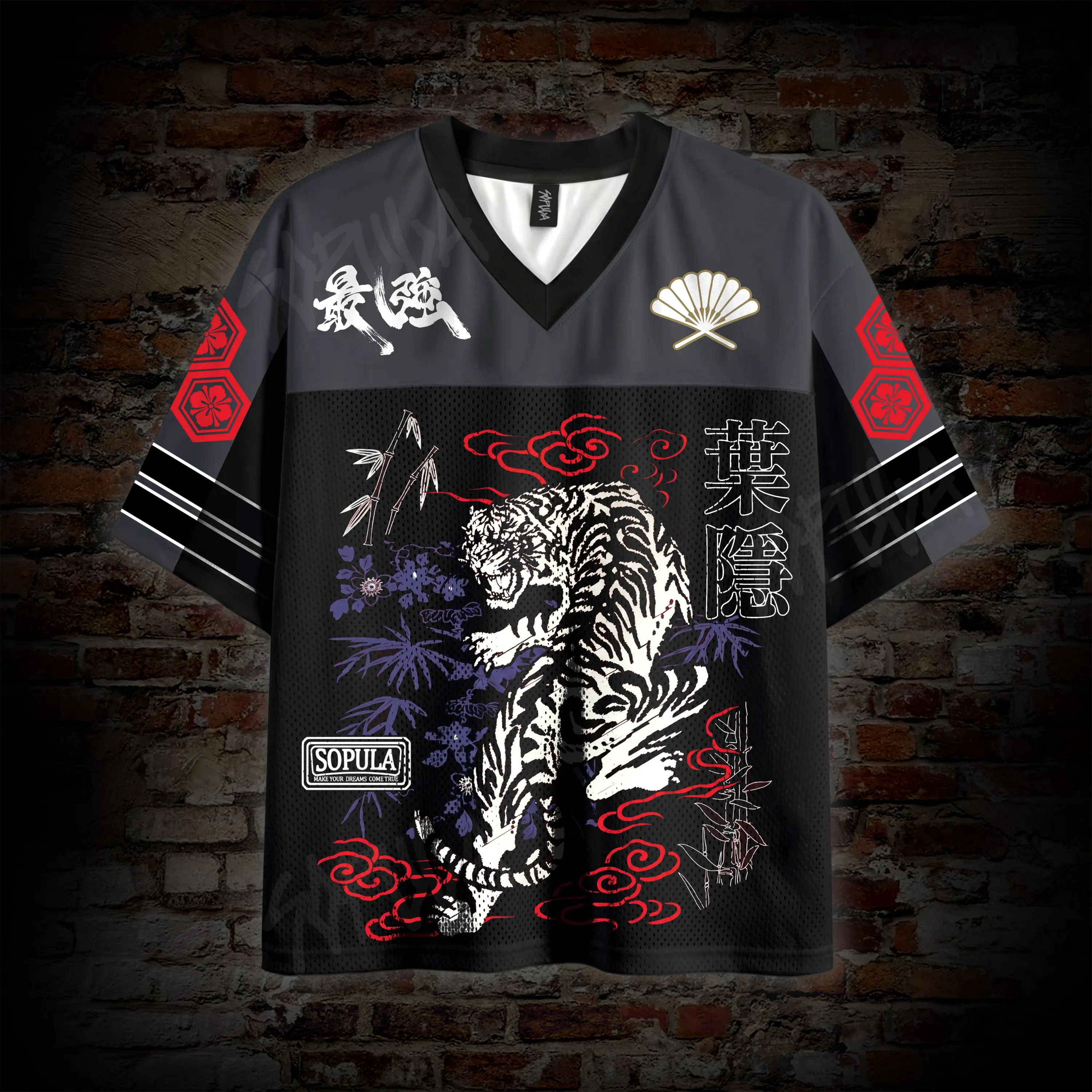 SOPULA Unisex Tiger Print T-Shirt, Japanese Style Polyester Mesh Jersey with Front and Back Graphic for Summer, Short Sleeve Tops, Activewear Tee, V-Neck, Front/Back Print, Japanese Tiger, Casual Sporty Style, Tshirt, Graphic Tee, Sporty Chic