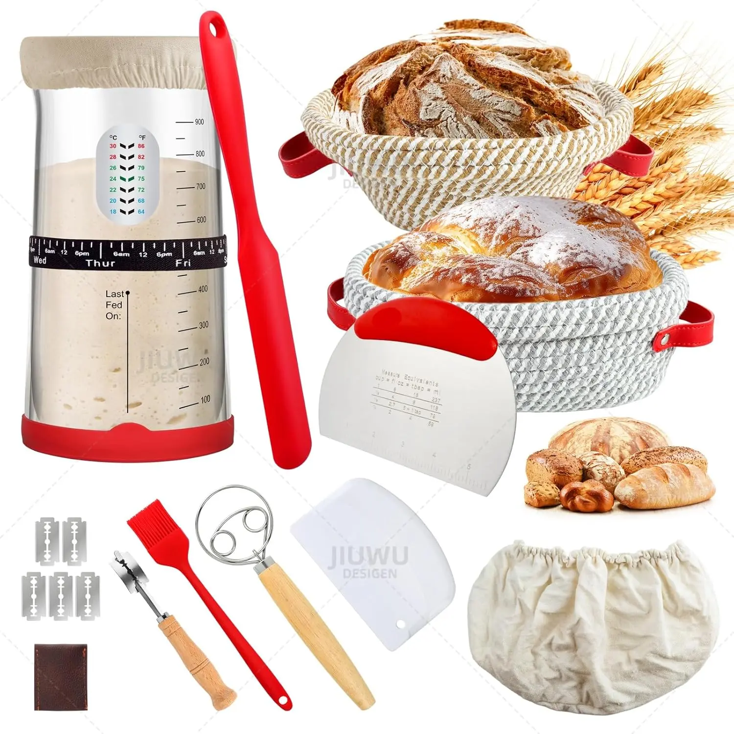 Sourdough Starter Kit ,  for Bakers Sourdough Bread Baking Supplies,34oz Starter Jar, 2 Cotton Rope Proofing Baskets & More for Sourdough Starter Bread Making Baking Fermentation