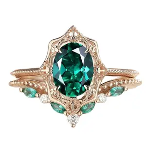 Vintage Oval Emerald Green Gemstone Stackable Ring Set, 2PCS Rose Gold Bridal Matching Rings, Luxury Jewelry Gifts for Women, Mom & Girlfriend