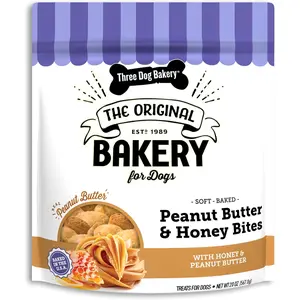Three Dog Bakery Peanut Butter & Honey Bites - Training Treats, Biscuits, Mess-Free Snacks for Dogs & Puppies, Human-Inspired
