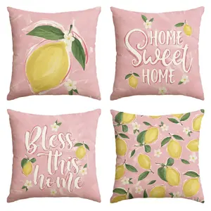 4PCS Warm Home Pillowcases in Spring and Summer Style, Pink Lemon Floral Cushion Covers for Festive and Seasonal Decoration