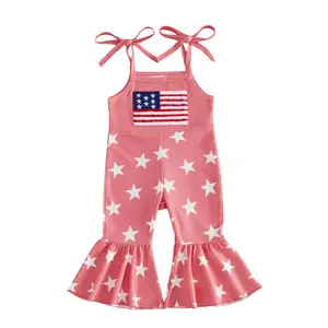 Baby Girl 4th of July Outfit American Flag Embroidery Spaghetti Strap Overalls Romper Jumpsuit Toddler Summer Clothes independence day