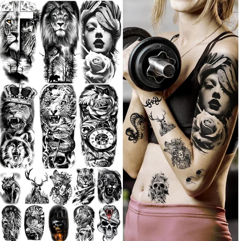 82 Sheets Temporary Tattoo for Men Women Adults, Include 12 Sheets Black 3D Half Sleeve Temporary Tattoos, Halloween Tattoos Scary Lion Wolf Tiger Skull Skeleton Tattoos Stickers