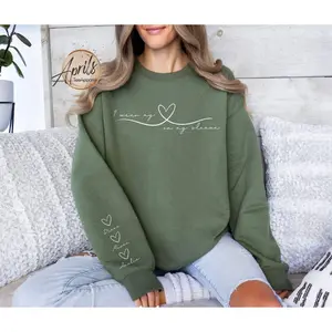 [custom in description] Personalized Mom Sweatshirt: Heart On My Sleeve, Names Gift