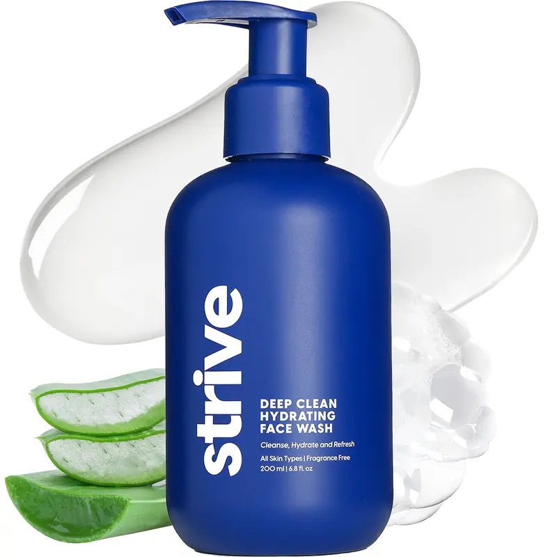 Strive - Deep Hydrating Mens Face Wash - Facial Cleanser, Mens Skin Care, Fragrance Free, Clear Skin, Refreshing with Aloe Vera, Hyaluronic Acid & Niacinamide - For All Skin Types - 200mL