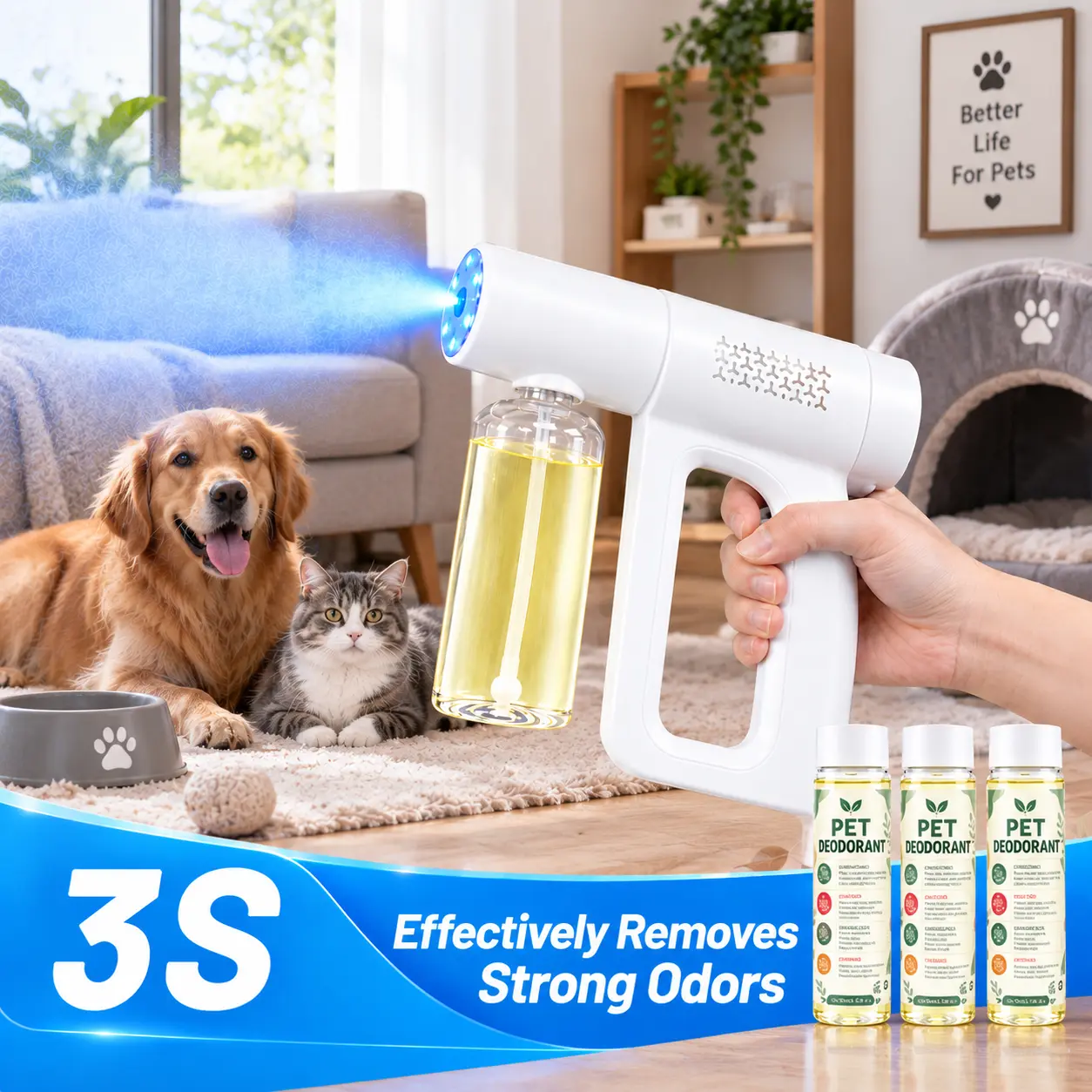 Nano Blue Light Probiotic Deodorizer Spray Refill Set , Rechargeable Light, Antibacterial Plant-Based Air Freshener, Chamomile Scent, Kennel Odor Eliminator, Bio-Enzymes Decomposition, Auto Odor Control, Safe Non-Toxic