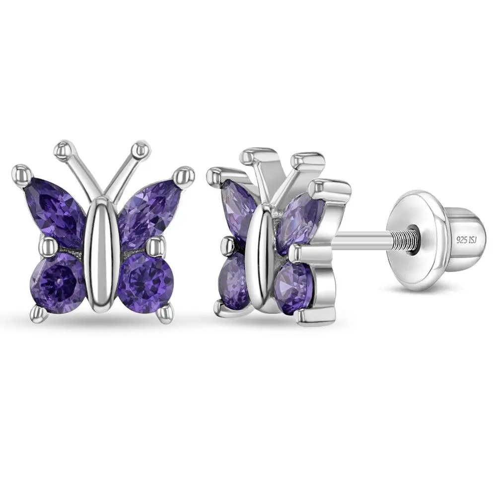 Dainty CZ Butterfly Baby / Toddler / Kids Earrings Screw Back - Sterling Silver