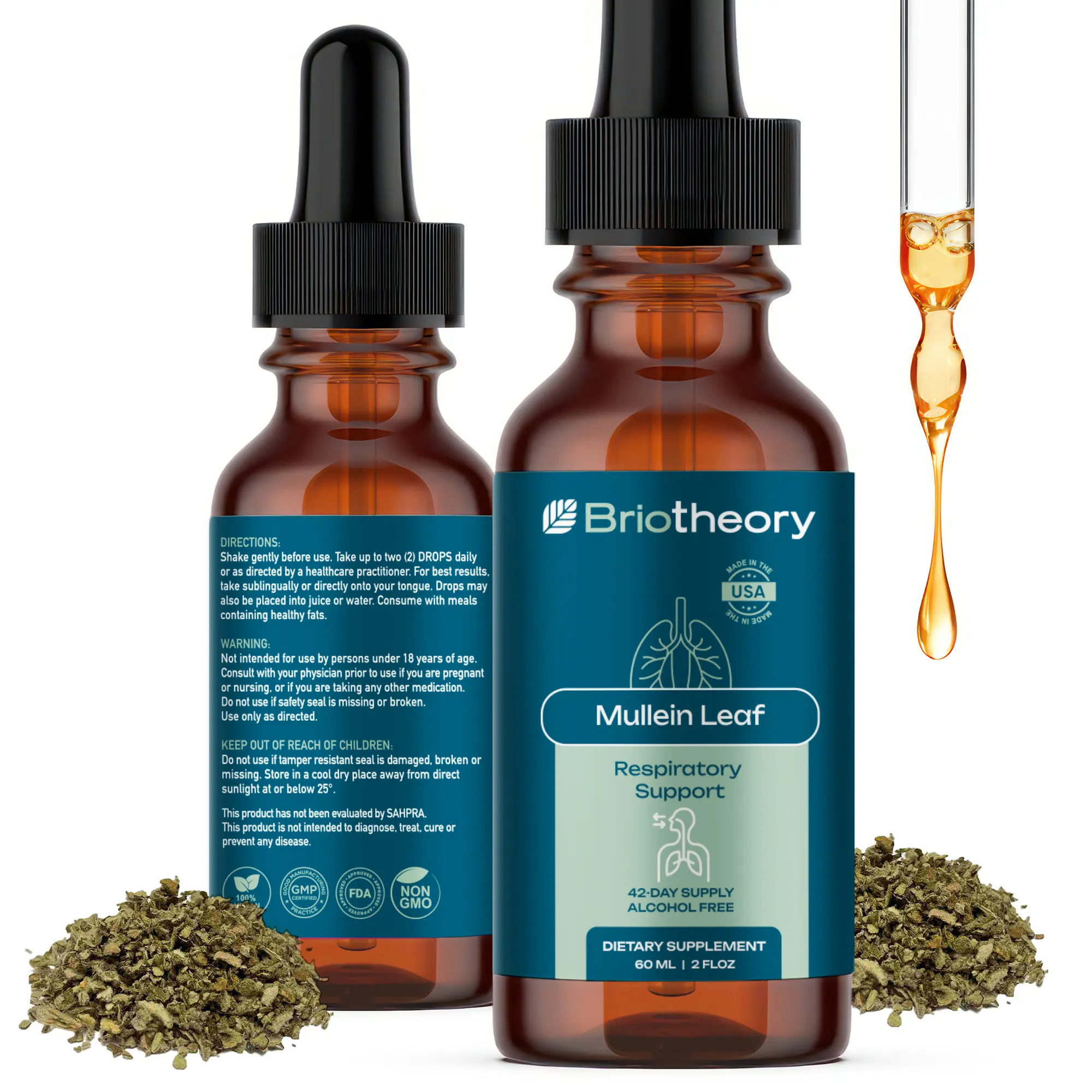 Mullein Leaf Extract - Fast Absorbing Liquid Drops for Lungs, Natural Respiratory Support Herbal Supplement, Alcohol Free Vegan Non-GMO, Natural Mullein Leaf Extract - 60 ml