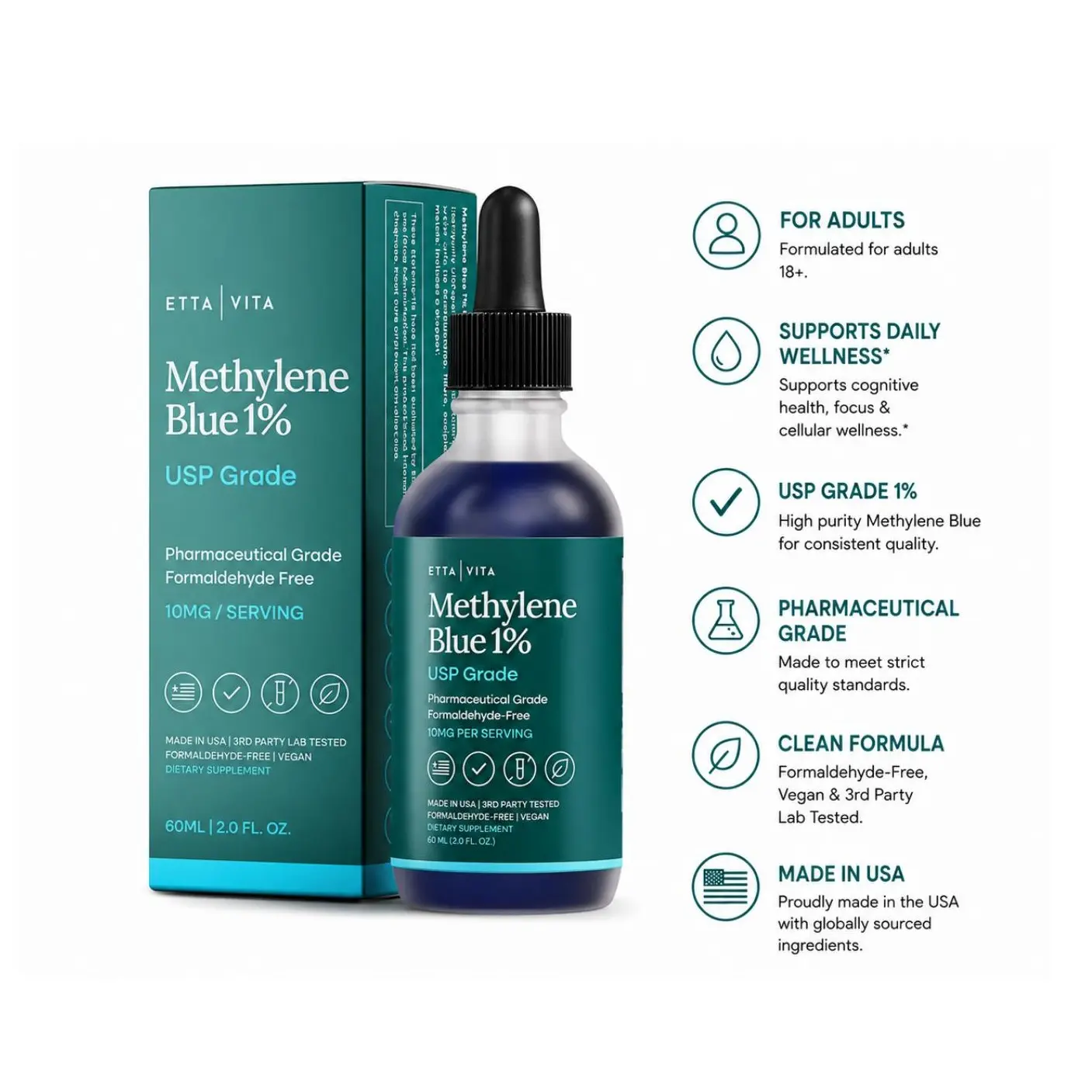 Methylene Blue 99.99% Pure 1% Solution | 2oz Tincture Drops | Formaldehyde-Free | Third-Party Tested | Made in USA | Non-GMO
