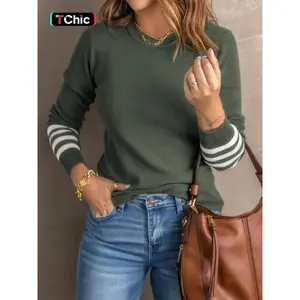 Women's striped printed sweater, spring and autumn casual long sleeved round neck sweater, fashionable women's knitted sweater, topRAIMENTRY