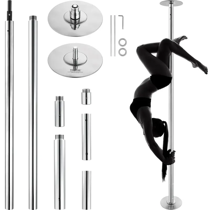 VEVOR Professional Dancing Pole, TikTokShopBlackFriday, Spinning Static Dancing Pole Kit, Portable Removable Pole, 45mm Heavy-Duty Stainless Steel Pole, Height Adjustable Fitness Pole, for Exercise Home Club Gym, Silver