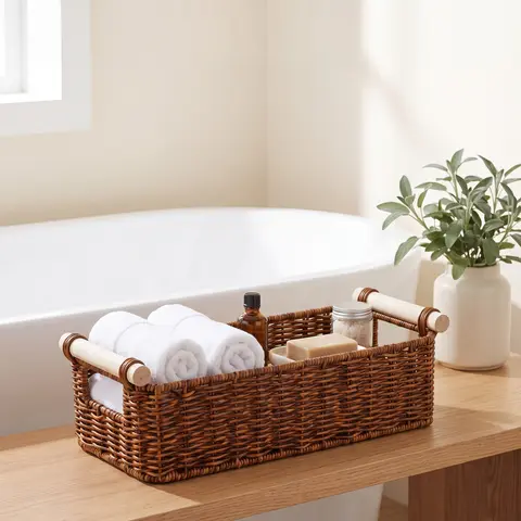 BROWNLILY Narrow Storage Basket for Small Items, 6.5 Inch Wide Handwoven Faux Rattan Wicker Organizer with Wooden Handles, Slim Countertop Caddy for Bathroom Vanity, Kitchen, Entryway, Shelf, Housewarming Gift, New Home Gift, Teacher Gift, Bridesmaid Gift