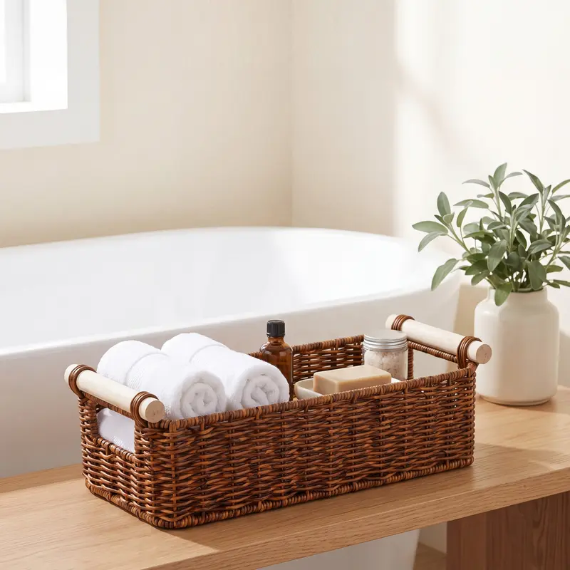 BROWNLILY Narrow Storage Basket for Small Items, 6.5 Inch Wide Handwoven Faux Rattan Wicker Organizer with Wooden Handles, Slim Countertop Caddy for Bathroom Vanity, Kitchen, Entryway, Shelf, Housewarming Gift, New Home Gift, Teacher Gift, Bridesmaid Gift