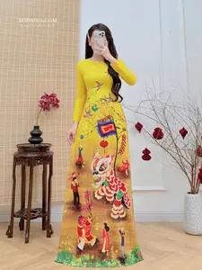 Festive Lion Dance Tết Yellow Ao Dai No Pants | Vietnamese Traditional Dress N24