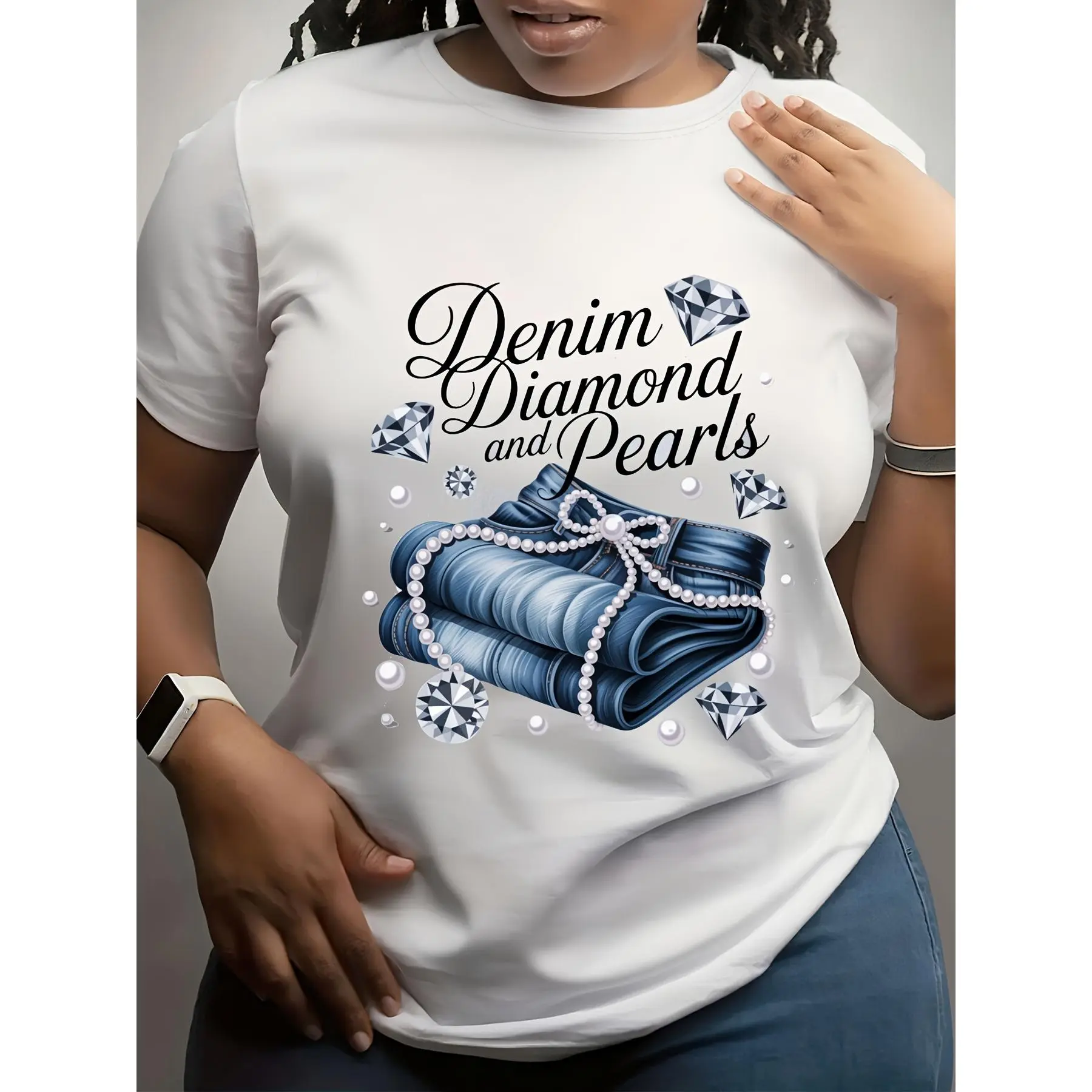 Women'S Denim Diamond Pearl Pattern Printed T-Shirt Fashion Trend Lightweight Workplace Top Skin-Friendly Fashionable Four Seasons Short Sleeve