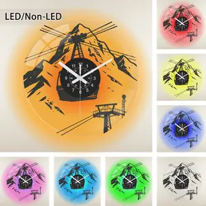 Vintage Vinyl Style Wall Clock, Round Transparent Glass, Mountain View, Cable Car, Ski Lift, LED Color Changing, Home Decor Gift