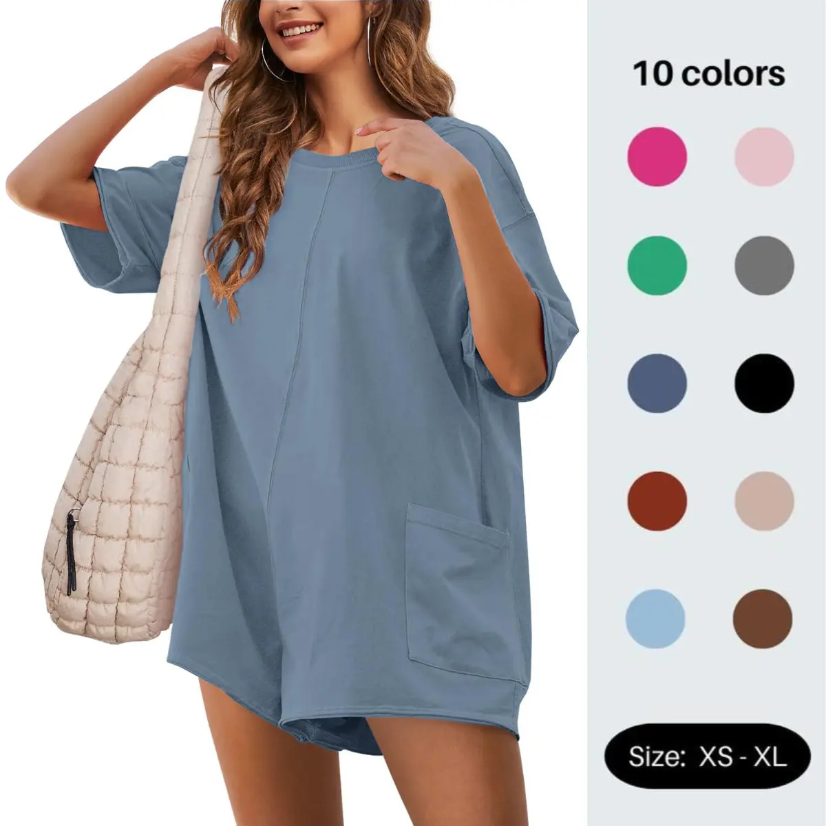 Jovenpara Rompers for Women, Fashion Casual Oversized Jumpsuit, Reversible V-Back Athletic Onesie with Pockets for Workout & Lounging, Fashion Casual Overalls, Round Neck, Sporty Chic, Lady, Basic, Polyester, Half Sleeve, Loose Fit, Side Pockets, Skin-Fri