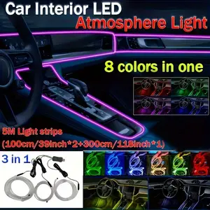 3-meter long 8-color LED car interior lighting kit Multifunctional Ambient Lights RGB car ambient light with remote control and mobile app control functions multi-functional DIY car decorative lights suitable for car doors center console and dashboard