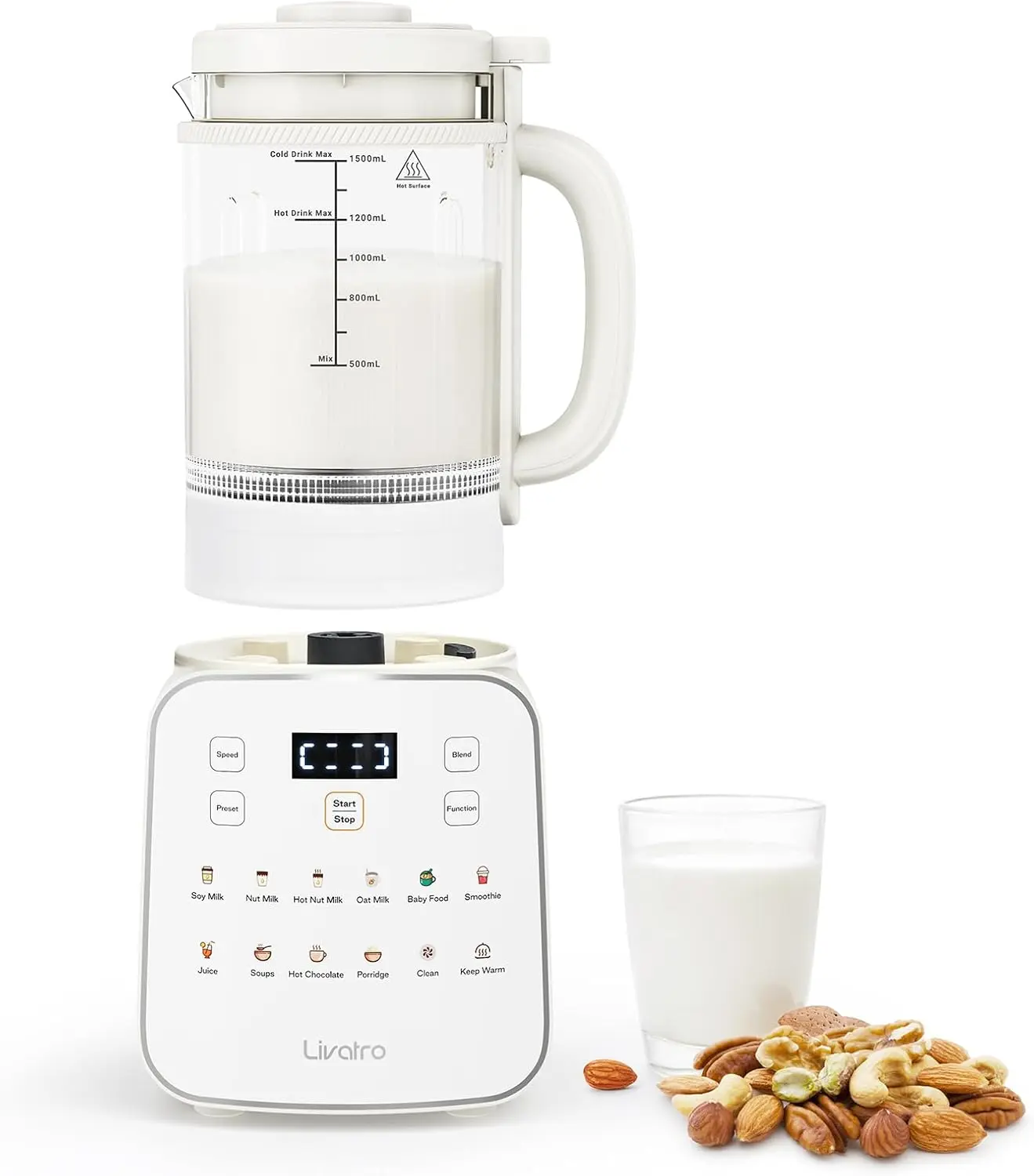50.73oz Nut Milk Maker Machine: 12 in 1 Automatic Soy Milk Maker with Detachable Design, Homemade Juice,Almond,Oat Milks for Plant Based Milks, 24H Delay Start/Keep Warm/Auto-Clean/Safety Lock