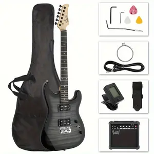 [Electric Guitar Kit] GST Tiger Stripe Electric Guitar Kit with H-H Pickups, 20W AMP, Bag & Strap - Cool Black Finish
