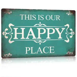 Vintage Aluminum Sign 8x12 Inch, This Is Our Happy Place Metal Wall Art Decor, Retro Tin-Look Rust-Resistant Sign for Home Living Room Bedroom Kitchen Wall Decoration