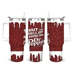 Dr Pepper 40oz Insulated Tumbler With Handle & Straw, Shut The Hell Up Bring Me A Dr Pepper Soda Drinkware, Dark Red Glitter White Dripping Stainless Steel Travel Mug, Funny Trendy Gift For Soda Lovers, Co-workers, Trending Cup On Tiktok Beverage