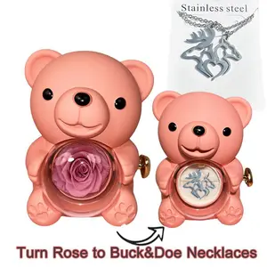 Buck&Doe Couple Necklace in Bear Shaped Gift Box,Nature Animal Lovers Accessory, Stainless Steel Unisex Jewelry