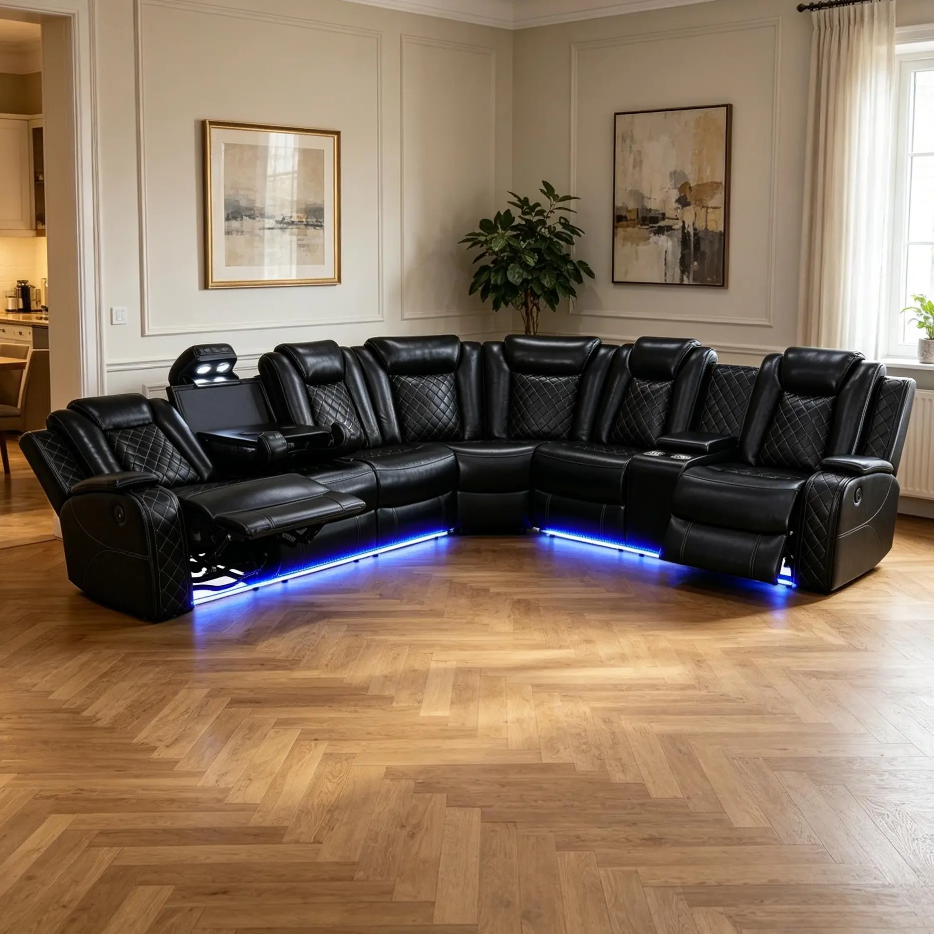 Classic Black Semicircle Leather Recliner Suite - All Black Living Room Furniture, Breathable Leather, Wear-Resist, Sturdy, Elegant, Durable, Adjustable Arms, Stable Load-Bearing Structure, Assembly Required, for Family Relaxation