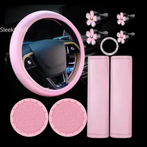 2026 New Arrival Solid Color Pink Car Interior Accessories Set for Women | Steering Wheel Cover, Cup Coaster & Seat Belt Shoulder Pads, Cute Aesthetic Auto Interior Decor